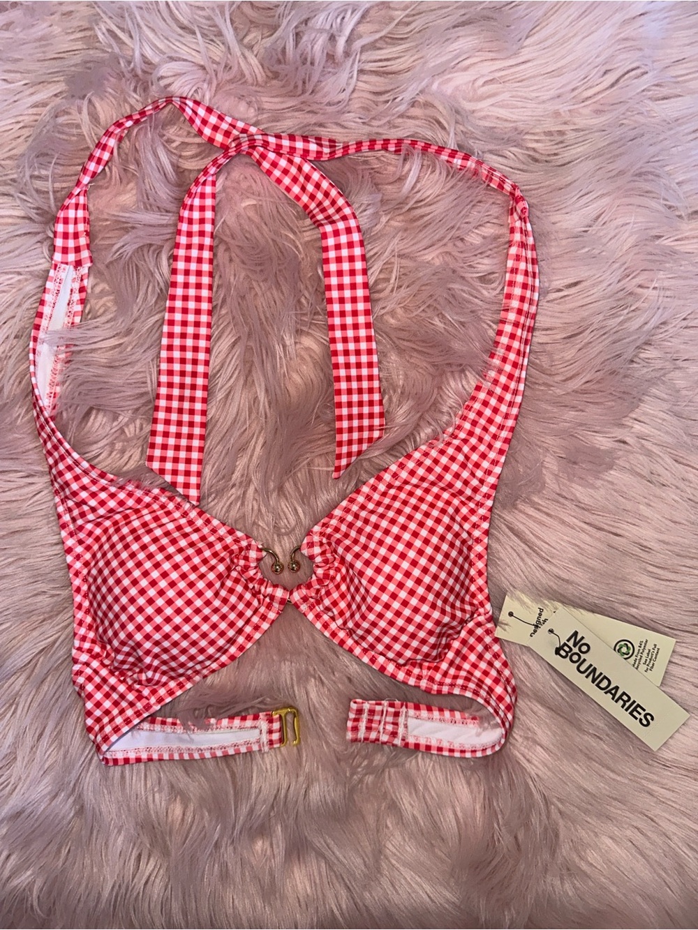 No Boundaries Red Gingham Halter Bikini Top